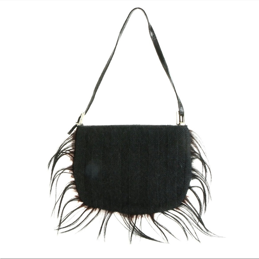 RARE Vintage Fendi Shoulder Bag In Black  Cashmere With Goat Hair Trim